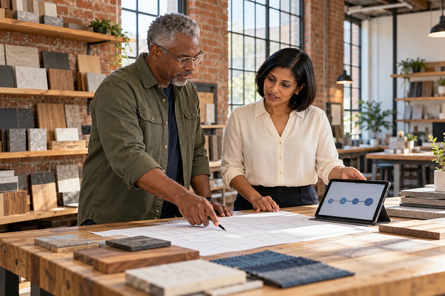 Illustrative scene of a business owner and technology advisor planning improvements in a brick-walled showroom.